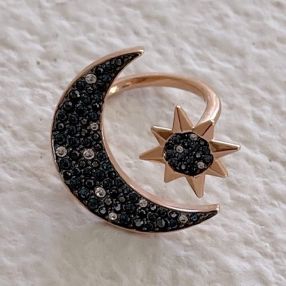 Swarovski Rose Gold Moon and Star Ring with Black Crystals